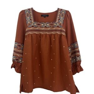 Calessa Women's Top Size L Burnt Orange Southwestern Aztec Embroidery Boho